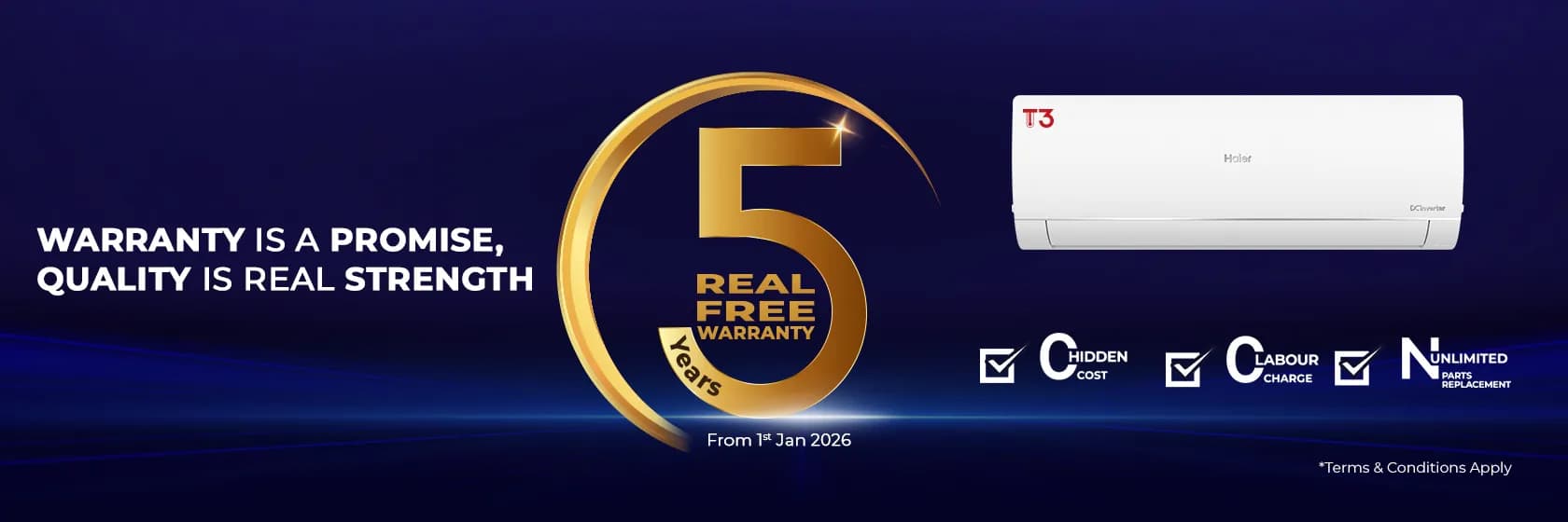 5 Years Real Free Warranty on Haier T3 air conditioners