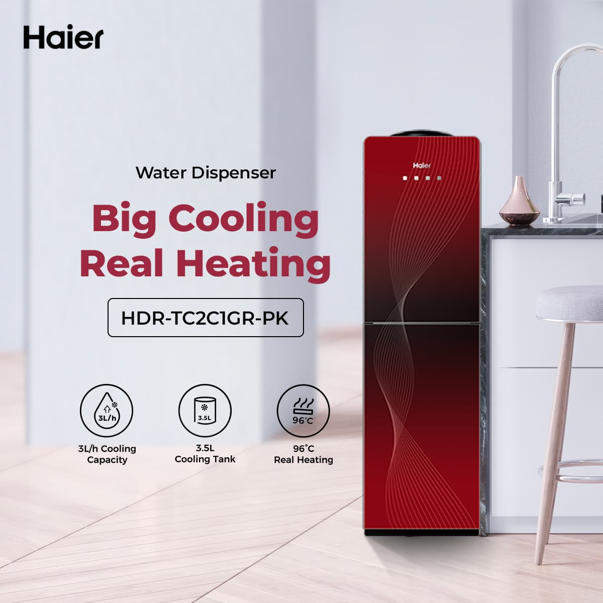 Haier Water Dispenser - Hot + Cold + Refrigerator - HDR-TC2C1GR