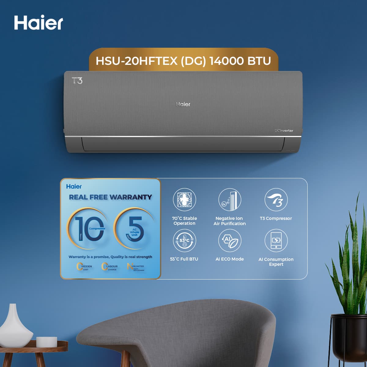 HSU-20HFTEX(DG)-T3 Plus Series- 1.5 Ton DC Inverter-(20,000 BTU's)