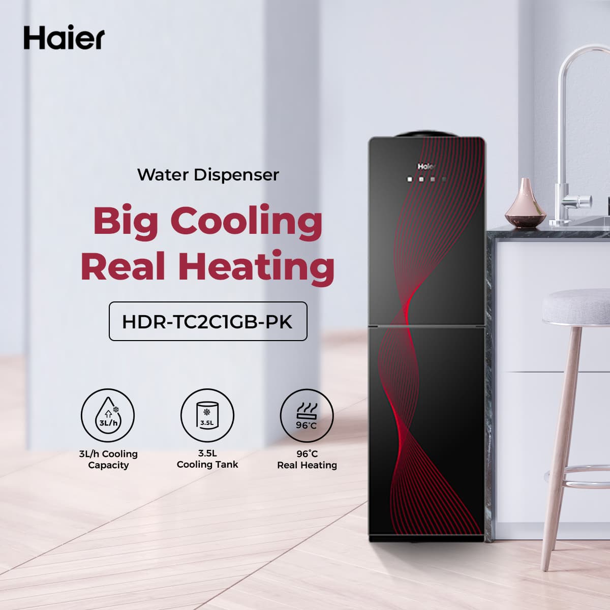 Haier Water Dispenser - Hot + Cold + Refrigerator - HDR-TC2C1GB
