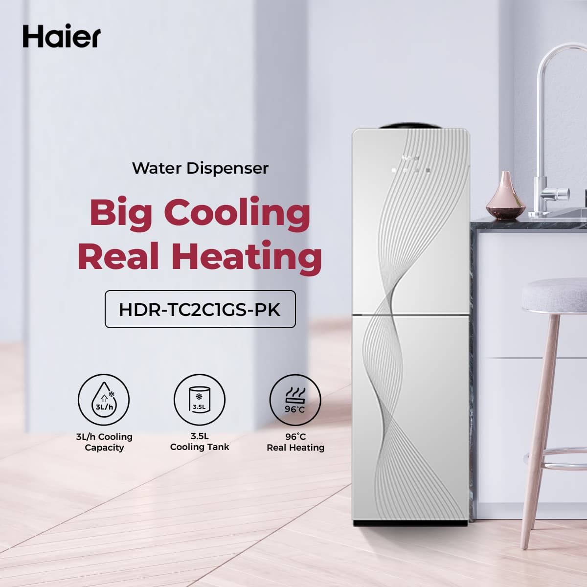Haier Water Dispenser - Hot + Cold + Refrigerator -HDR-TC3C1GS
