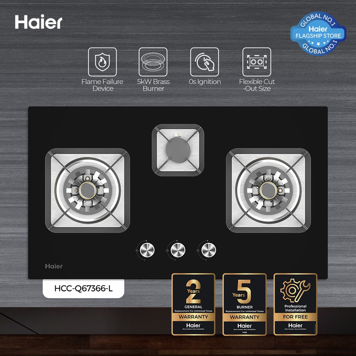 Haier HCC-Q67366 Kitchen LPG Stove/Hob - Haier Warranty - Free Professional Installation on Call