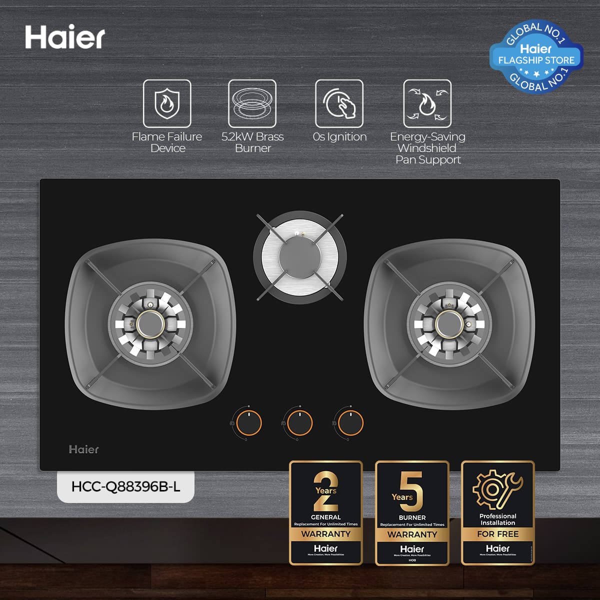 Haier HCC-Q88396B Kitchen LPG Stove/Hob - Haier Warranty - Free Professional Installation on Call