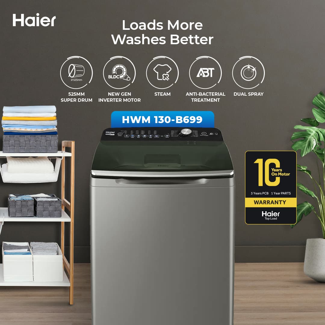 Haier HWM130-B699 / Haier 13kg / Fully Automatic / Top Loading Washing Machine / 10 Years Brand Warranty
